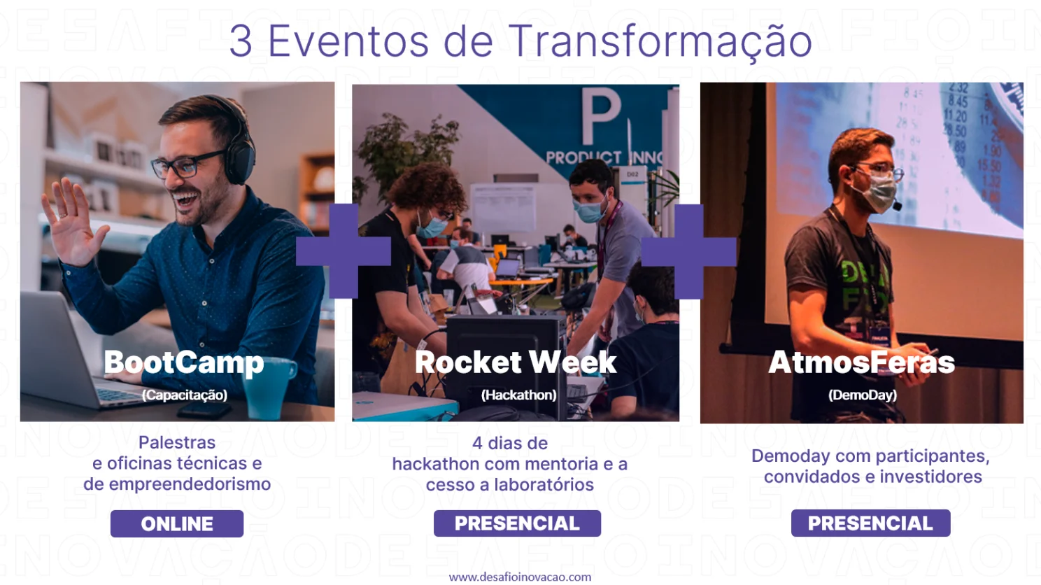 3 Transformation Events: Bootcamp (online), Rocket Week (hackathon, in-person), AtmosFeras Demoday (in-person)