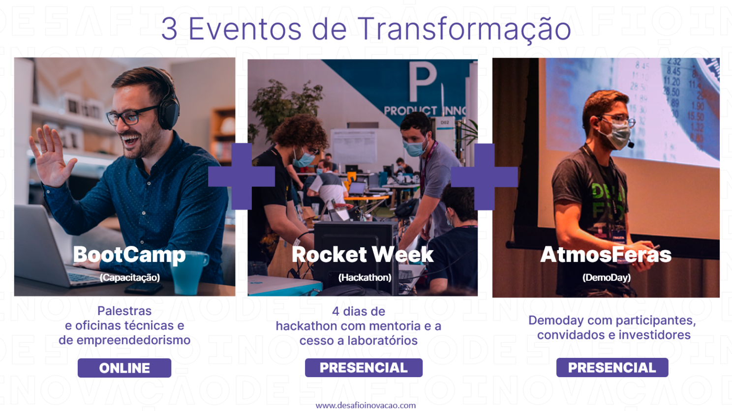 3 Transformation Events: Bootcamp (online), Rocket Week (hackathon, in-person), AtmosFeras Demoday (in-person)