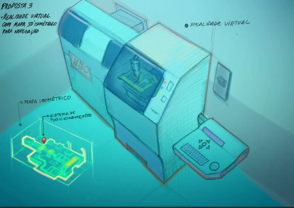 Conceito 3: visão VR imersiva de uma máquina industrial grande em escala real, com um mapa 3D isométrico luminoso de toda a fábrica no canto inferior esquerdo mostrando um pin de localização e sistema de posicionamento para navegação e teletransporte.