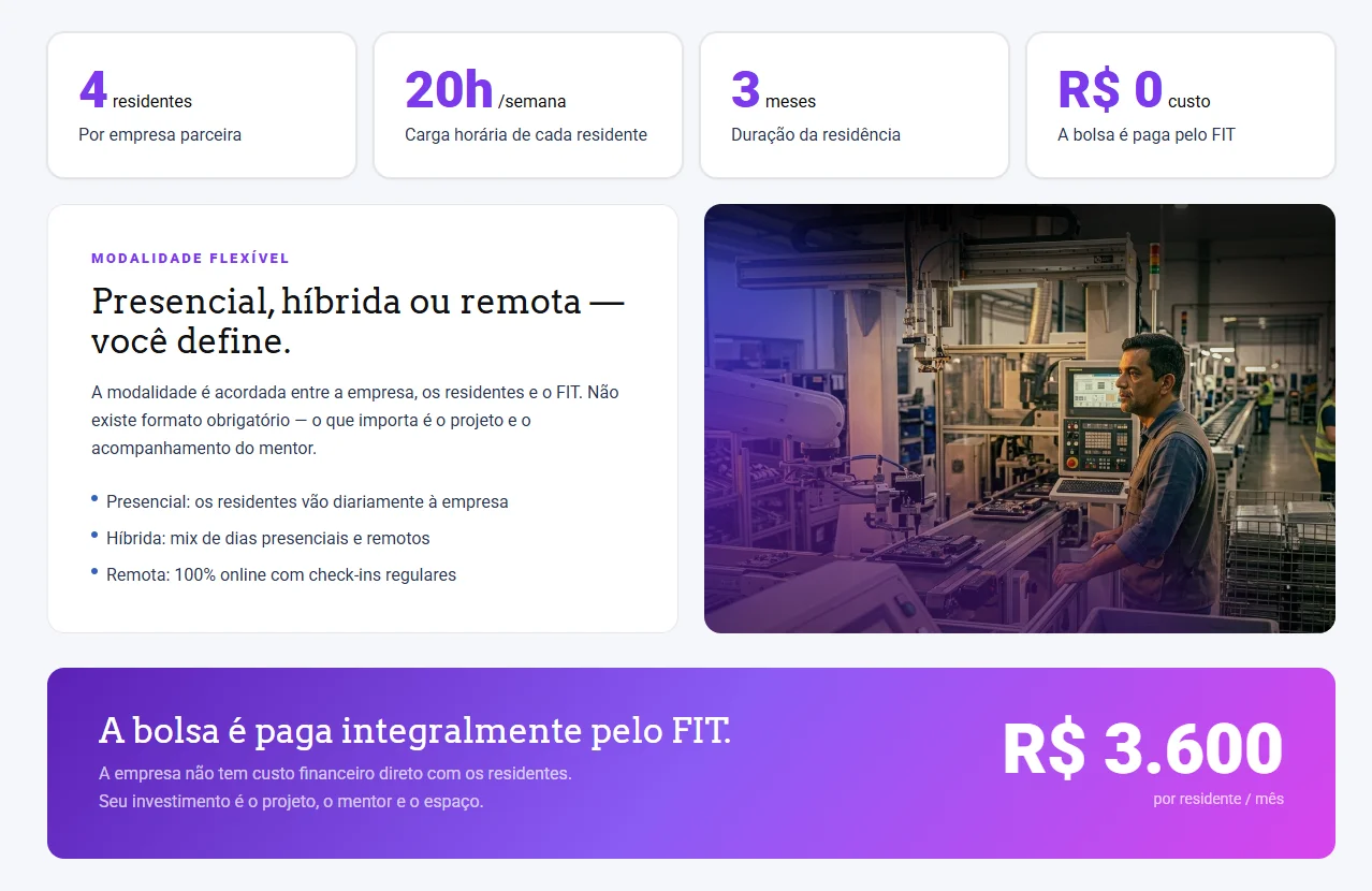Seção de modalidades do programa com métricas-chave e destaque da bolsa.