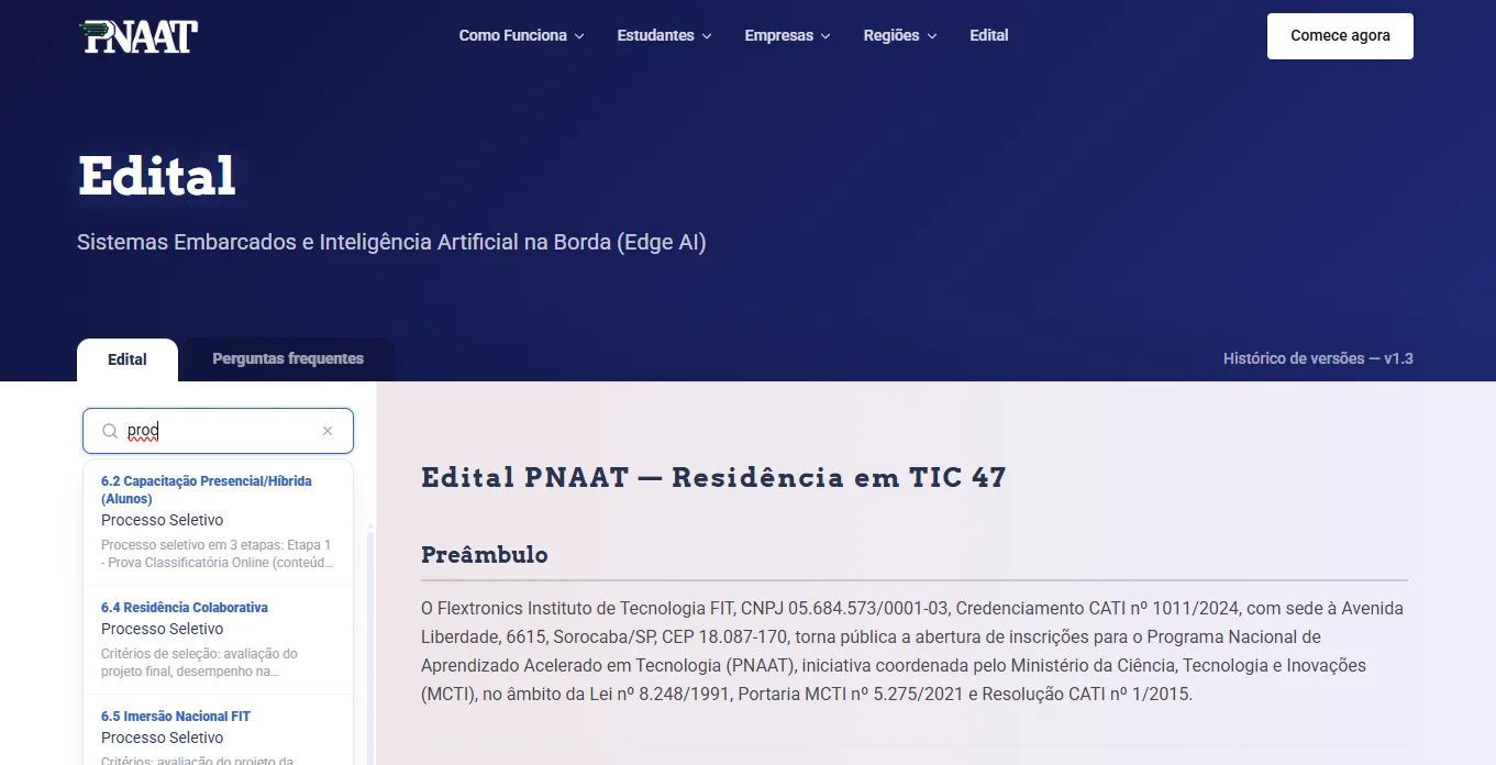 Edital renderizado como página MDX pesquisável, com busca por tópicos e histórico de versões em vez de um PDF estático.
