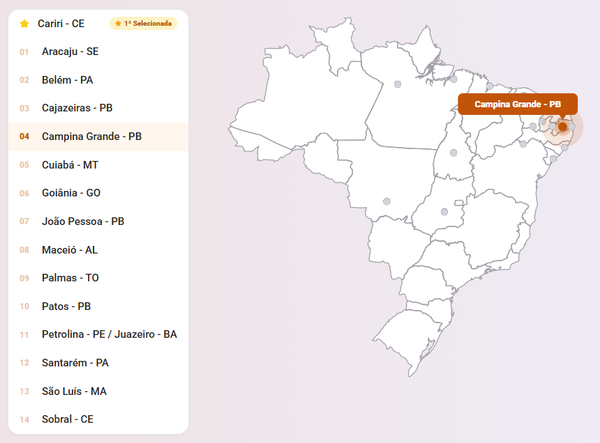 Interactive Brazil map letting users select participating regions.