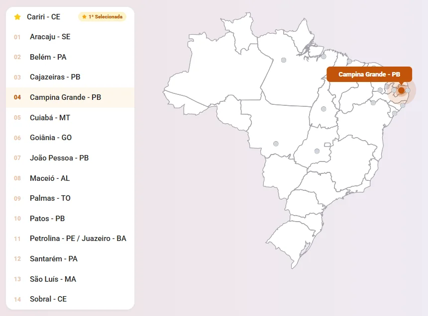 Mapa interativo do Brasil permitindo selecionar as regiões participantes.