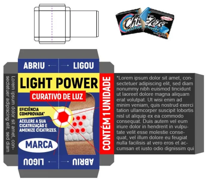 Dieline da embalagem de varejo “LIGHT POWER — Curativo de Luz”: um curativo de terapia com luz de uso único que liga no momento em que a embalagem é aberta.