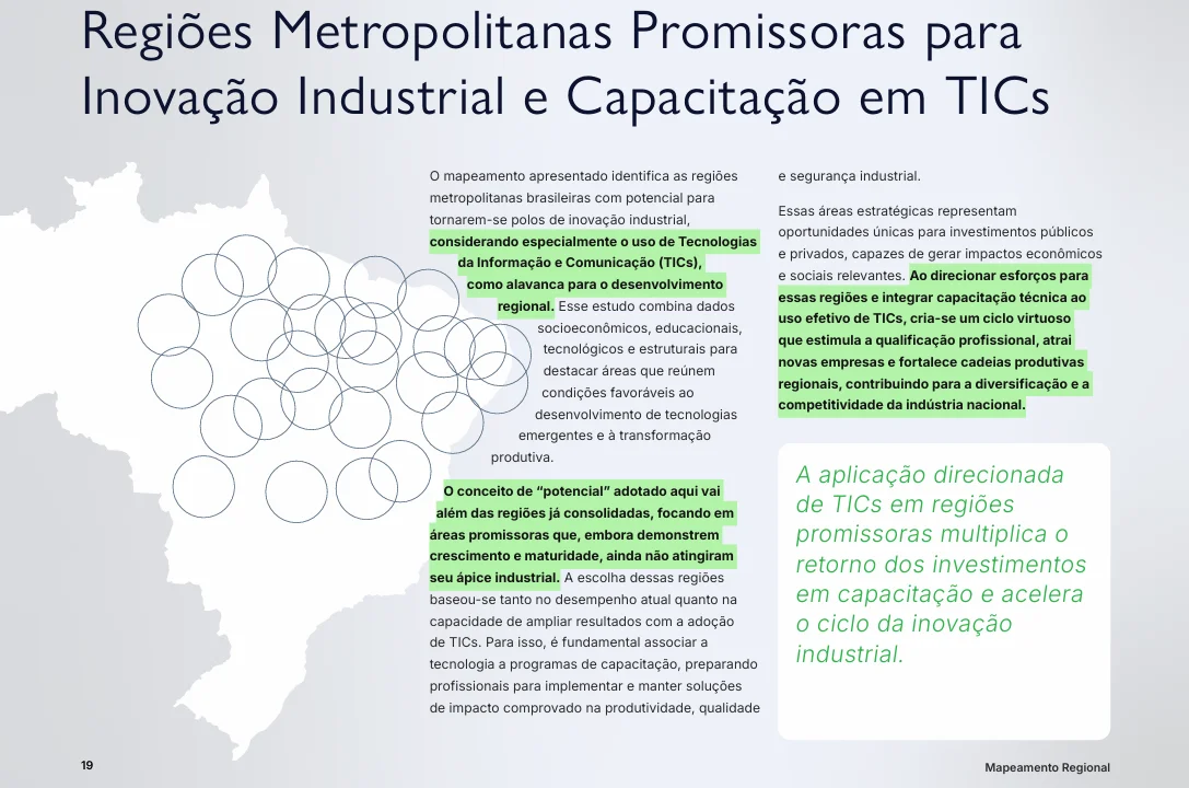 Seção de mapeamento do report — "Regiões Metropolitanas Promissoras para Inovação Industrial e Capacitação em TICs" — visualizando a distribuição das regiões metropolitanas selecionadas no Norte, Nordeste e Centro-Oeste do Brasil.